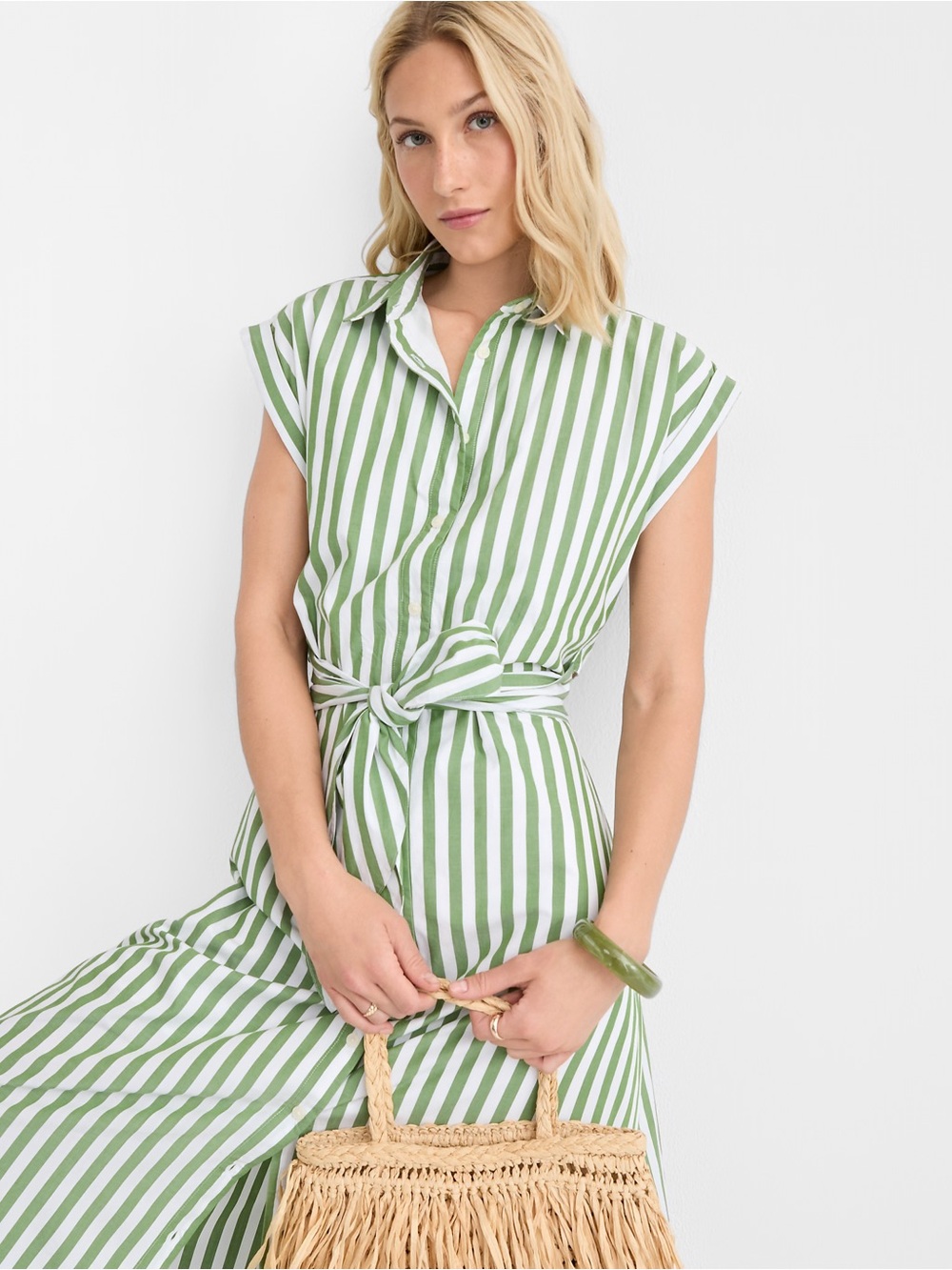 LOFT Green and White Striped dress